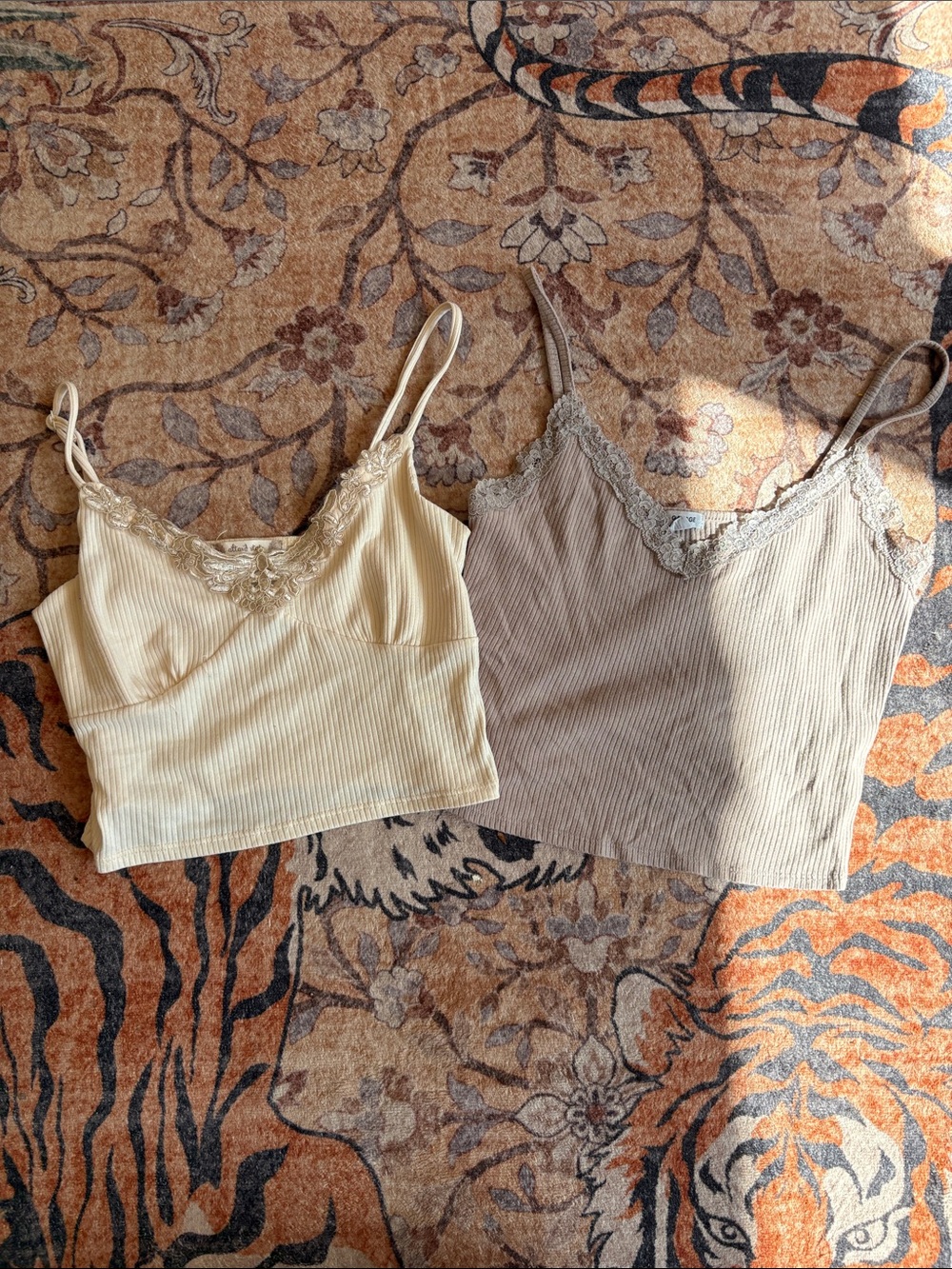 Altar'd State Lace-Trim Ribbed Camisoles - Cream & Beige